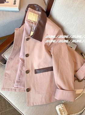 复古撞色拼皮领外套女春秋款2024宽松显瘦洋气短款工装夹克上衣
