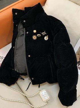 黑色丝绒复古短款羽绒棉服女冬季2022年新款棉袄加厚立领外套棉衣