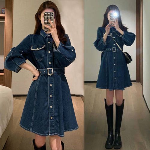 小个子显高显瘦收腰高级感早秋2022年新款女装法式复古牛仔连衣裙