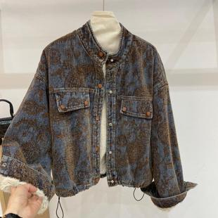 美式超酷复古铁锈植绒水洗牛仔夹克加绒宽松秋冬立领工装外套潮