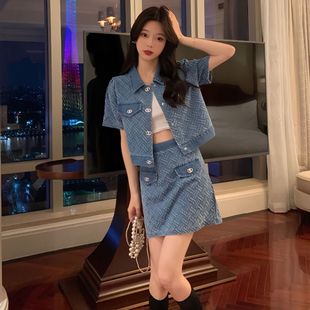 夏季大码女装胖mm显瘦气质小香风上衣半身牛仔裙时髦炸街套装女潮