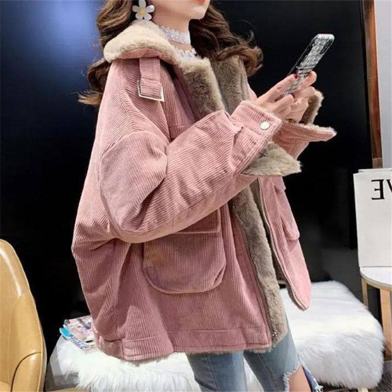 洋气灯芯绒棉袄外套女冬新款ins时尚炸街加厚羊羔毛保暖工装棉服