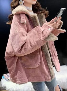 洋气灯芯绒棉袄外套女冬新款ins时尚炸街加厚羊羔毛保暖工装棉服