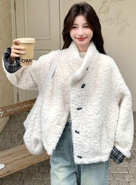 韩版立领格纹袖羊羔毛外套女短款冬季巨好看皮毛一体加厚保暖上衣