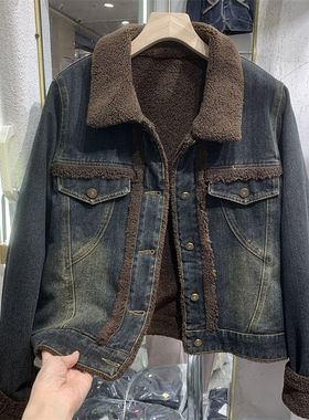 欧货加绒牛仔外套女2023秋冬新款港风短款上衣羊羔毛内里派克服潮