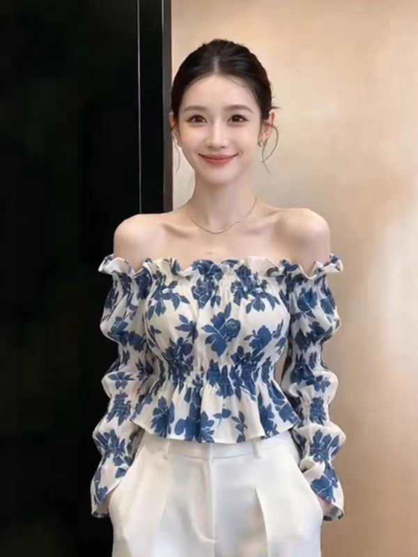 法式甜美气质一字肩碎花长袖衬衫2026秋冬新款独特超好看上衣女装