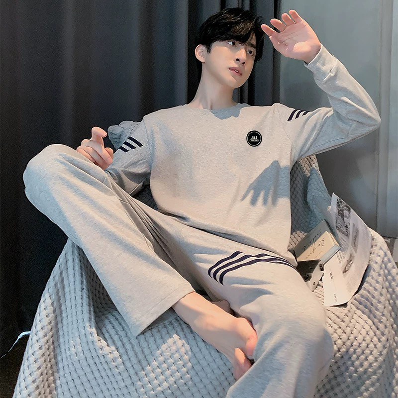 睡衣男士春秋季纯棉长袖简约宽松大码可外穿全棉秋冬款家居服套装