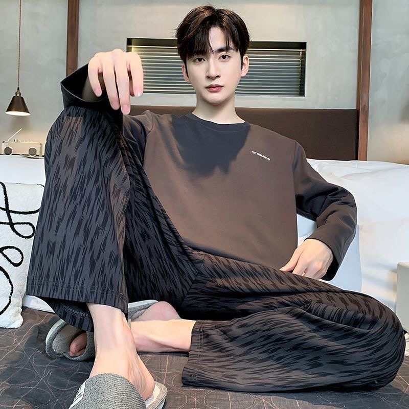 睡衣男士春秋季纯棉长袖休闲宽松大码可外穿全棉秋冬款家居服套装