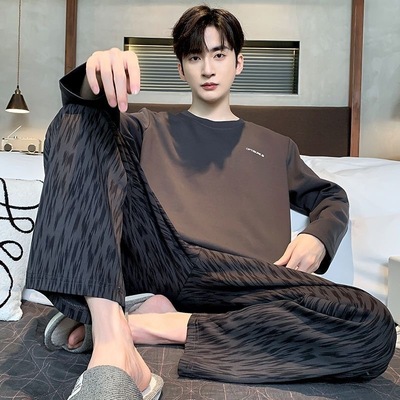 睡衣男士春秋季纯棉长袖休闲宽松大码可外穿全棉秋冬款家居服套装