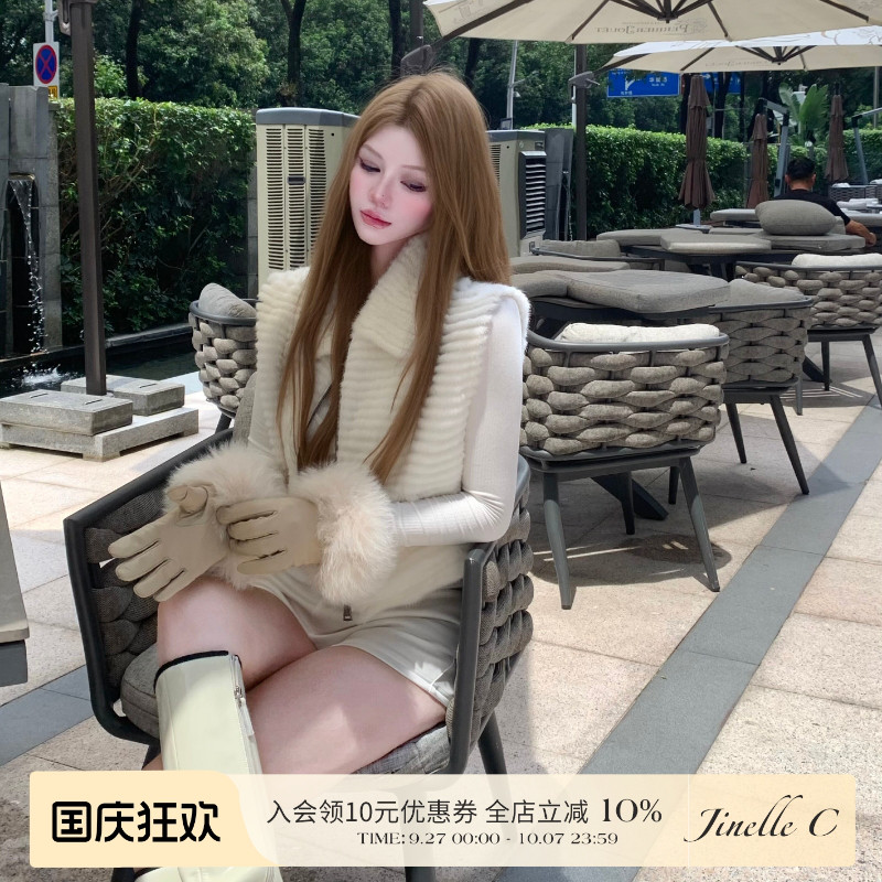 Jinelle秋冬保暖 气质御姐车条进口丹麦休闲水貂马皮草甲女