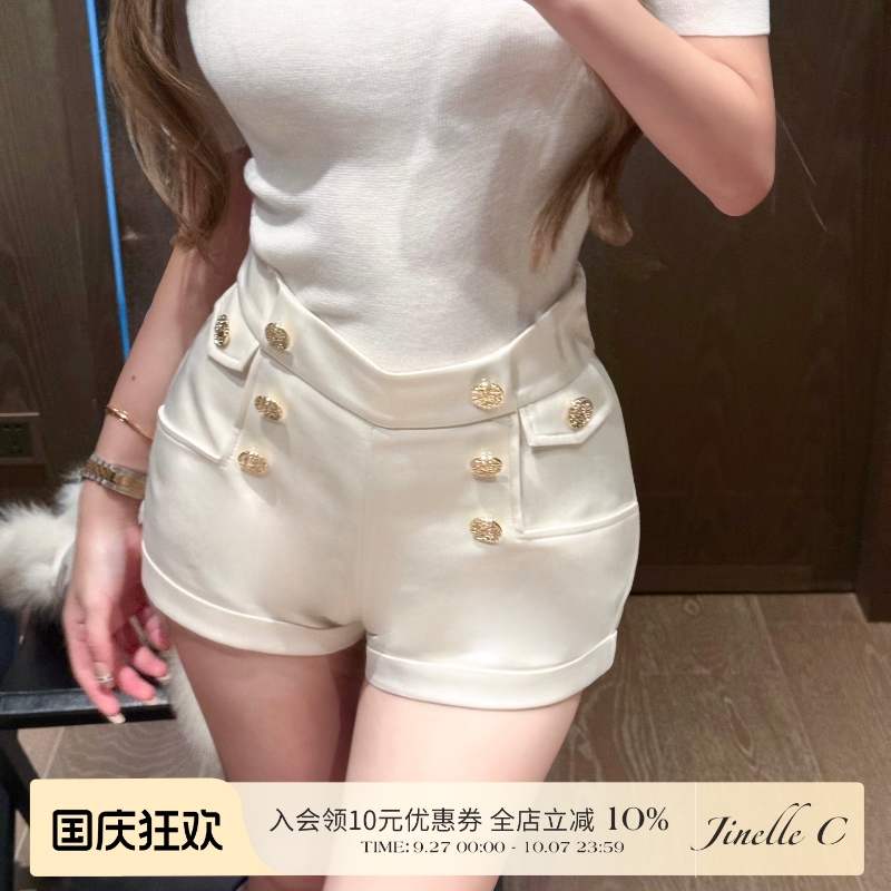 Jinelle秋季 时尚百搭气质修身名媛御姐范缎面金属扣中高腰短裤女