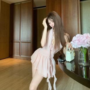 气质淑女温柔风玫瑰花立体挂脖仙雪纺裙 4折清仓不退换