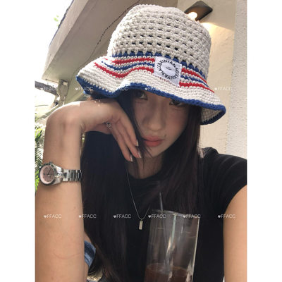 FFACC 夏季手工针织毛线镂空渔夫帽遮阳透气防晒软顶盆帽百搭