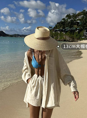 日本VVA欧美大檐麦秆编织草帽女海边度假防晒帽子飘带户外田园