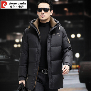 皮尔卡丹冬季新款男士羽绒服中长款外套休闲加厚保暖连帽白鸭绒男