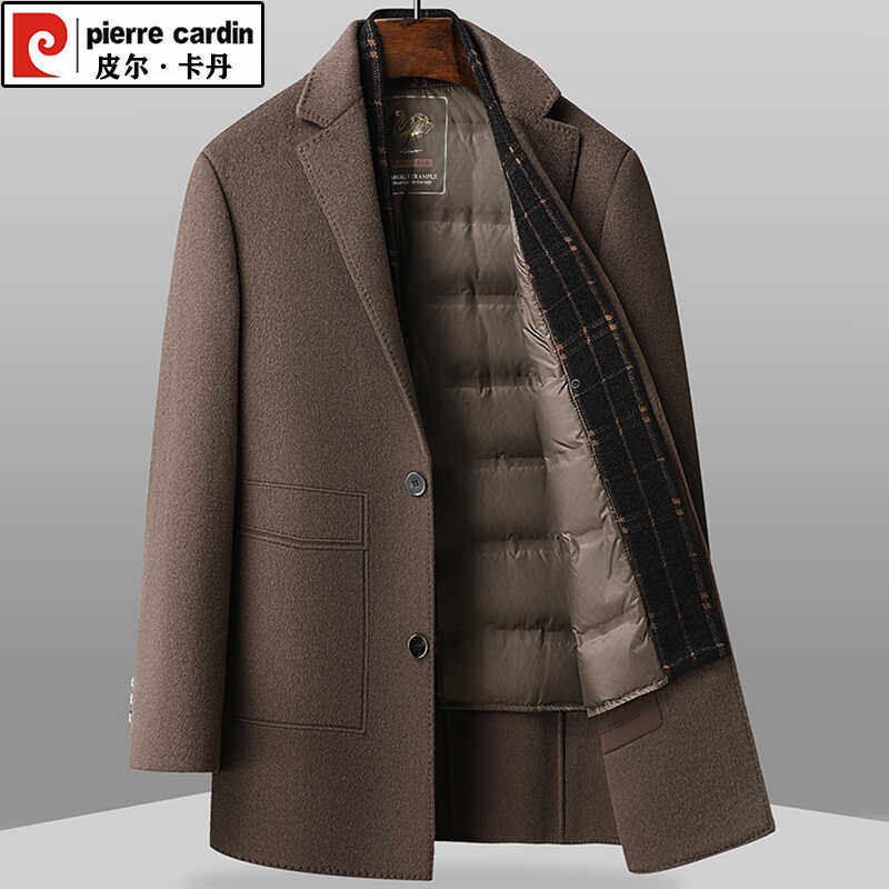 皮尔卡丹秋冬季男士双面羊毛呢大衣中长款外套西装领加厚中年呢子