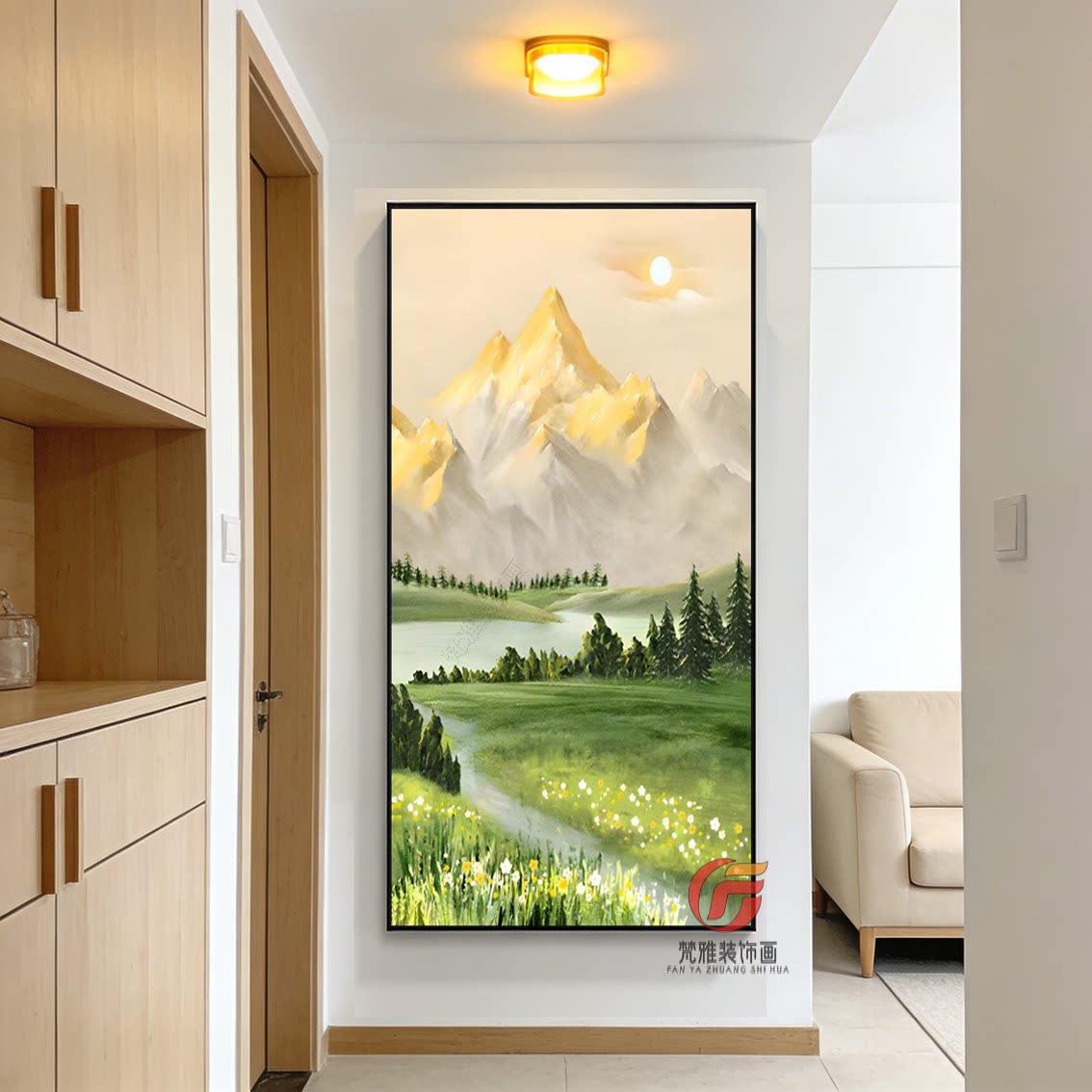 日照金山入户玄关装饰画竖版入户走廊过道背靠金山聚宝盆风景挂画