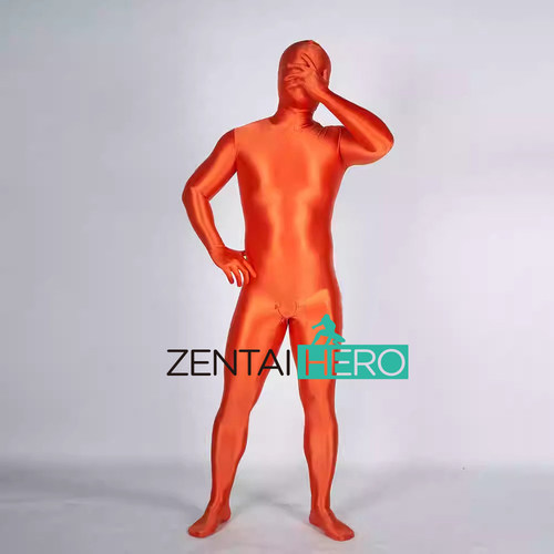 全包细腻高弹zentai性感橘色油光布光亮丝滑连体紧身衣cos服装