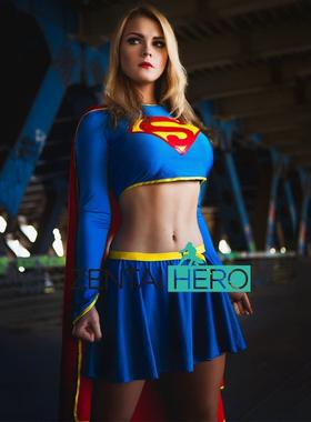 超级英雄 supergirl cosplay服装女 超人连体紧身衣 两件套带披风