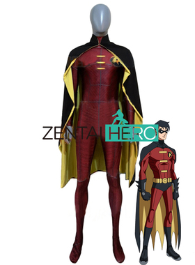 漫画超级英雄弹力莱卡红色罗宾连体紧身衣Dark Robin Cos带披风