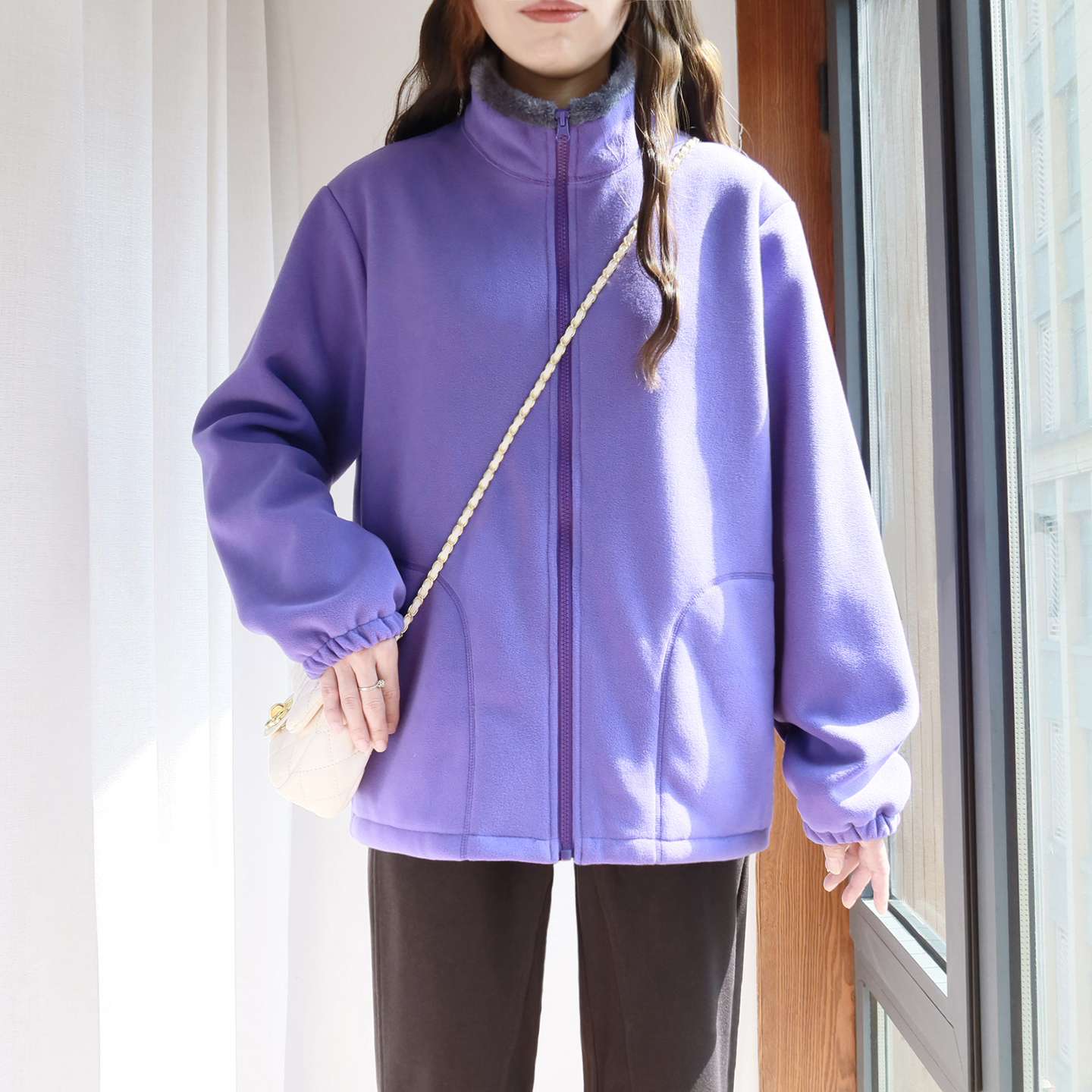 大码摇粒绒外套女加绒加厚立领