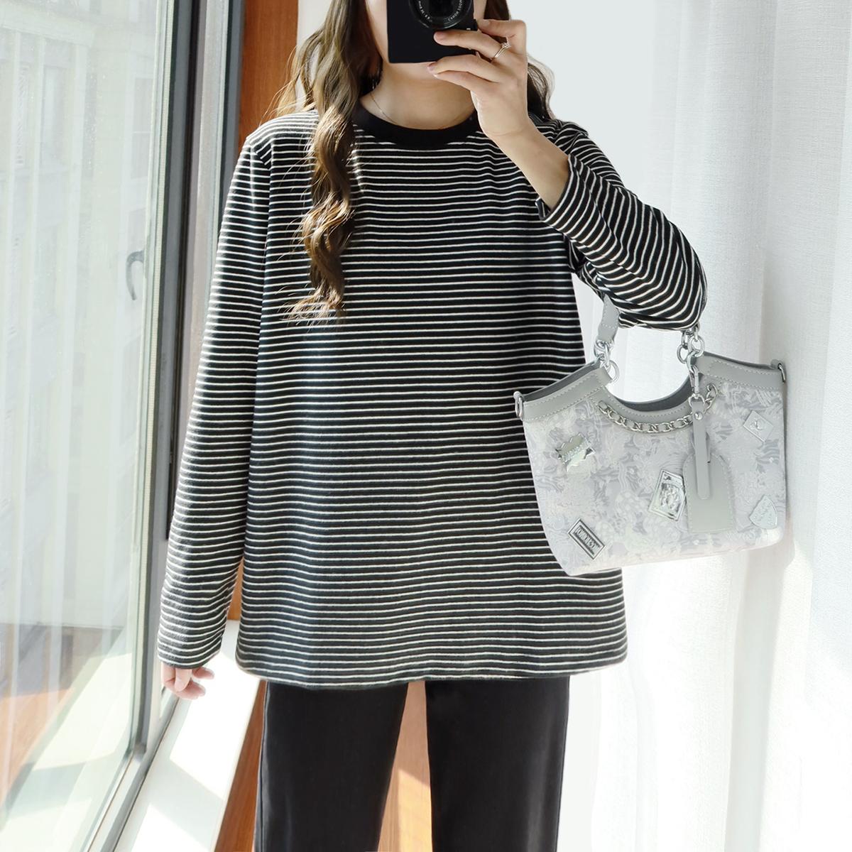 大码条纹打底衫德绒女胖mm内搭秋冬宽松遮肚加厚长袖圆领T恤上衣