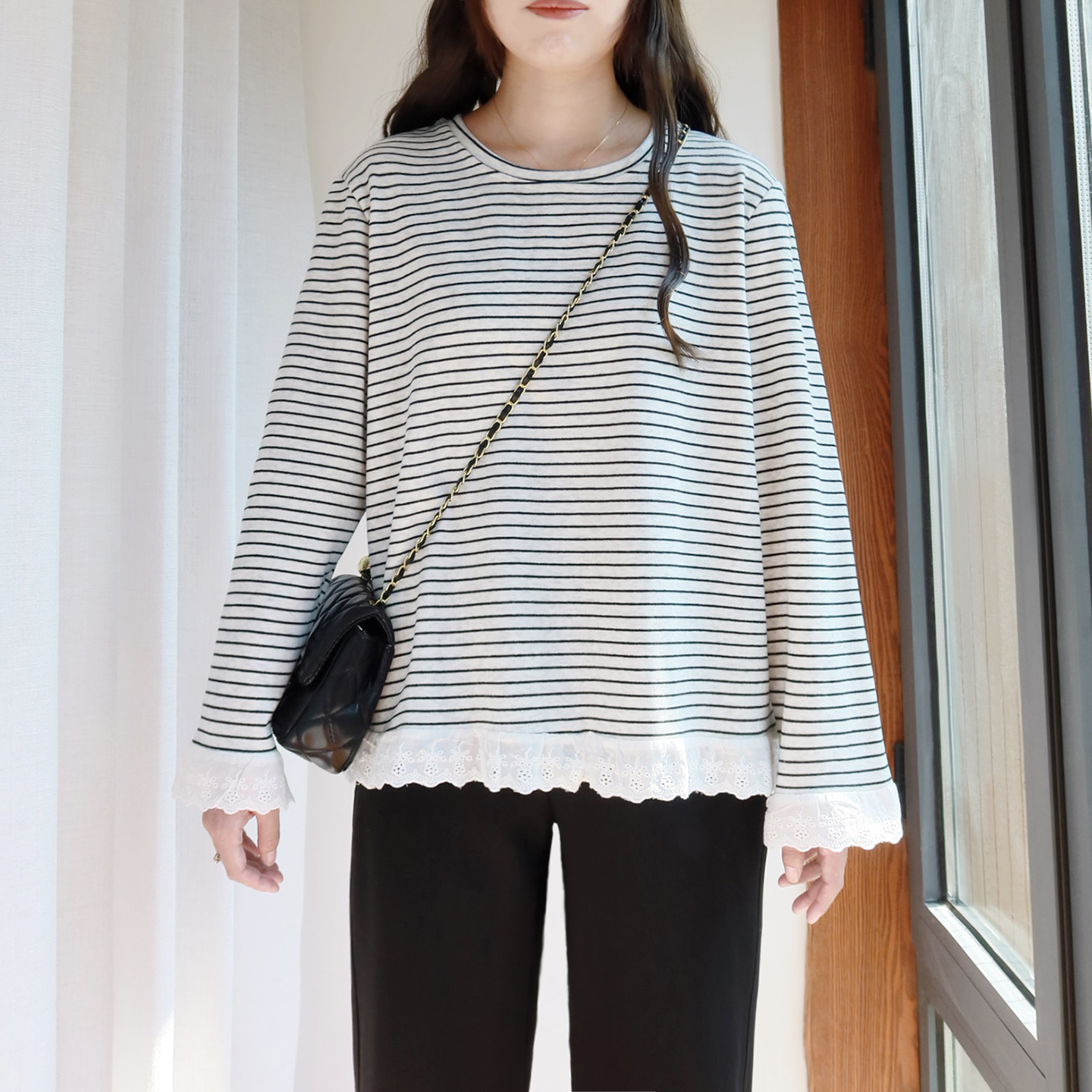 大码加厚条纹T恤女200斤胖mm打底衫秋冬圆领弹力花边拼接长袖内搭