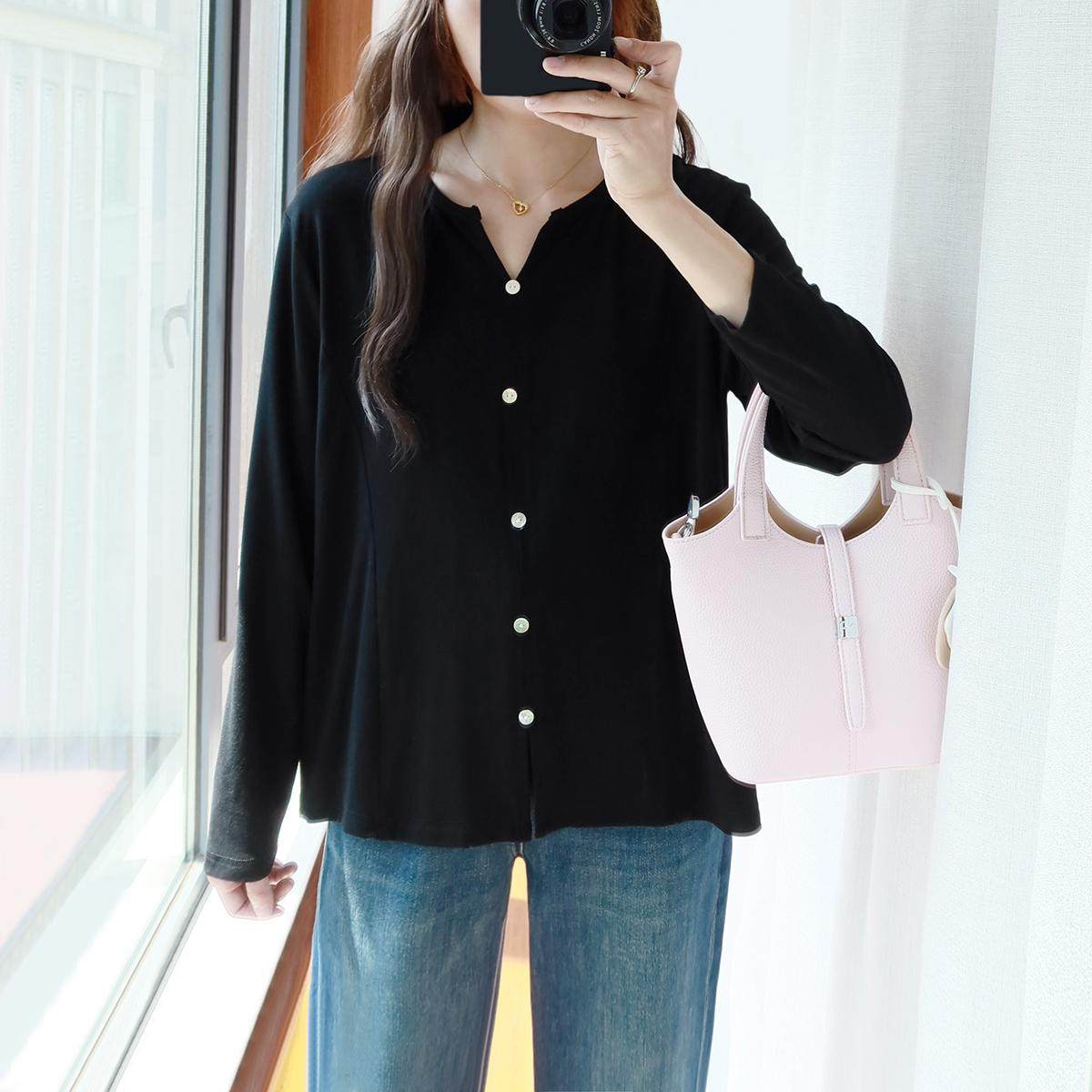 大码长袖T恤女胖mm短款打底秋季薄款软小V领设计感开叉不规则上衣