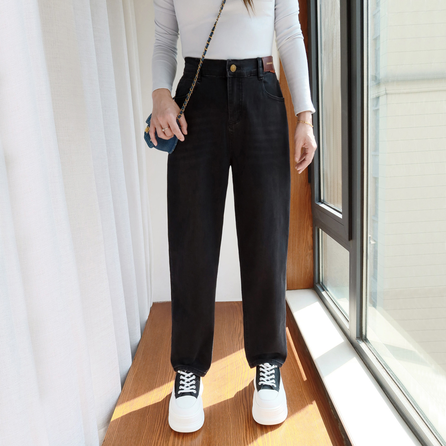 大码直筒牛仔裤微胖女生200斤胖mm秋季显瘦窄版松紧腰胖妹妹裤子