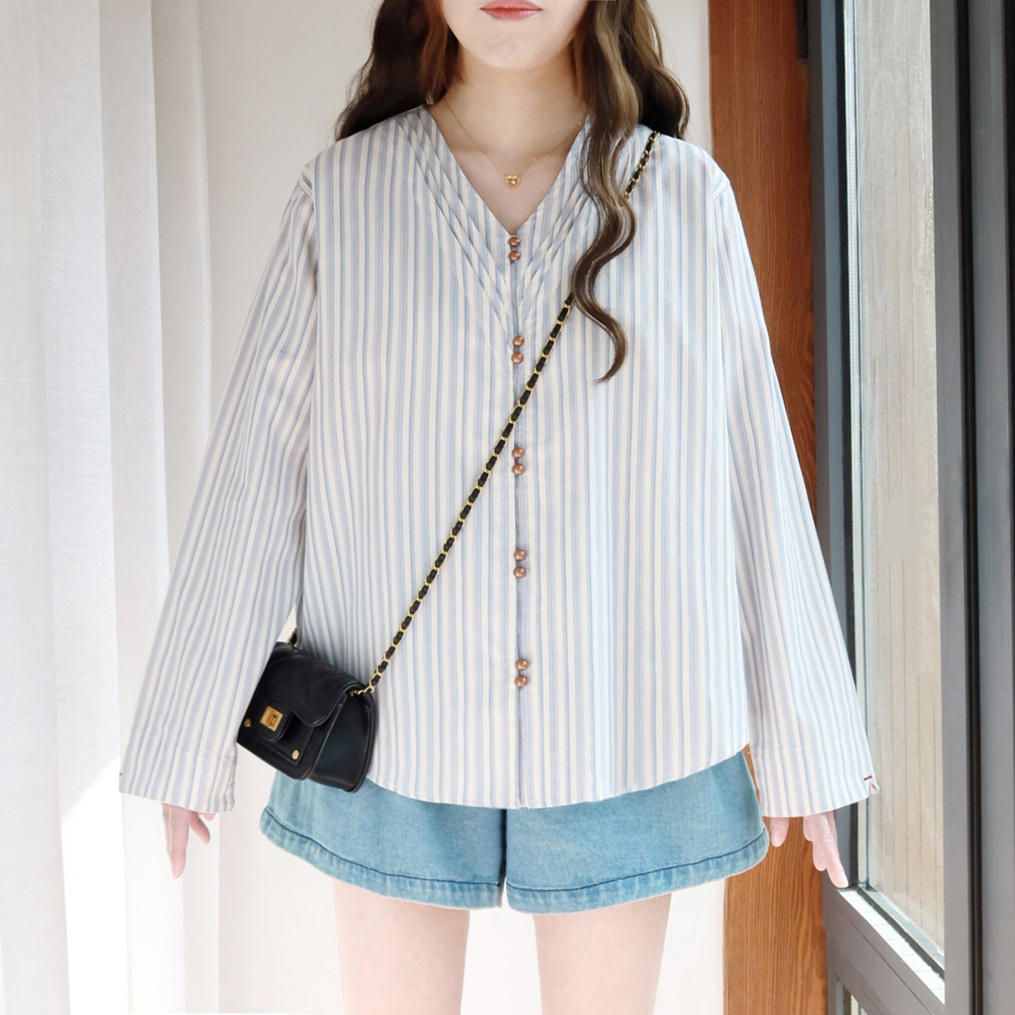 大码条纹衬衫纯棉女200斤胖mm春装2026新款宽松V领遮肚子长袖上衣