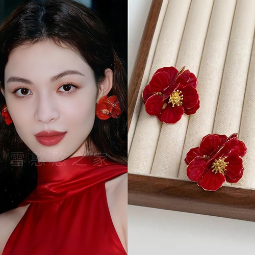 红色花朵耳饰法式复古高级感耳钉耳夹耳坠耳环2025新款女饰品潮流
