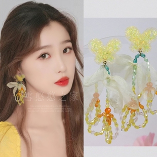 虞书欣同款耳环黄色蝴蝶串珠布艺耳饰耳钉耳夹耳坠夏天度假2025新
