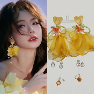 戚薇同款旅游度假黄色花朵耳环耳饰耳钉耳夹耳坠2025春夏新款女潮