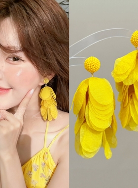 旅游度假黄色花瓣流苏耳环耳饰耳钉耳夹无耳洞2025春夏新款女饰品