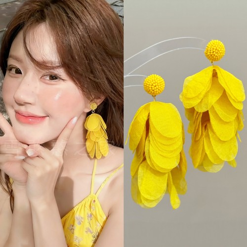 旅游度假黄色花瓣流苏耳环耳饰耳钉耳夹无耳洞2025春夏新款女饰品
