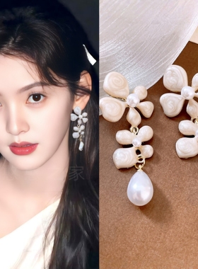 章若楠同款旅游度假白色花朵耳环耳饰耳钉耳夹耳坠饰品2025春夏新