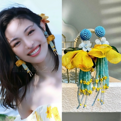 钟楚曦同款耳环黄色花朵耳饰耳钉耳坠耳夹旅游饰品2026春夏新款女