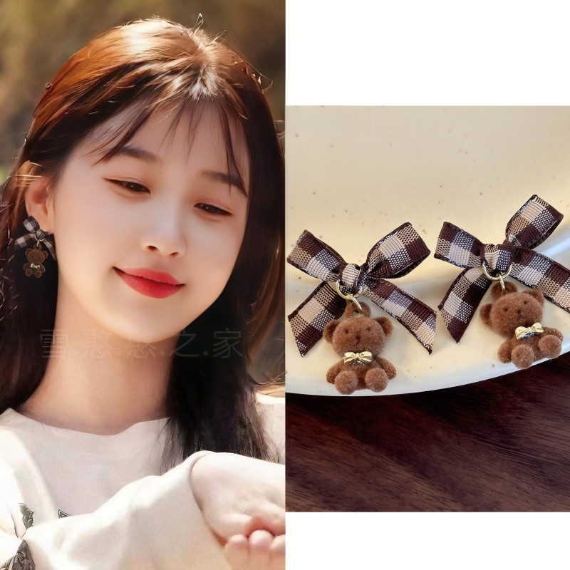 虞书欣同款耳环美拉德格子蝴蝶结小熊耳饰耳钉耳坠耳夹2024秋冬新