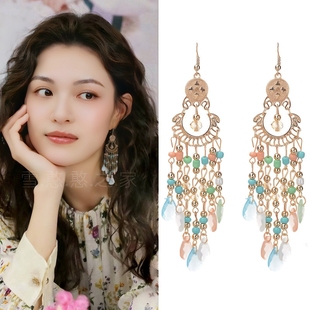 钟楚曦同款耳环流苏串珠耳环耳饰耳夹复古夸张长款民族风个性耳坠