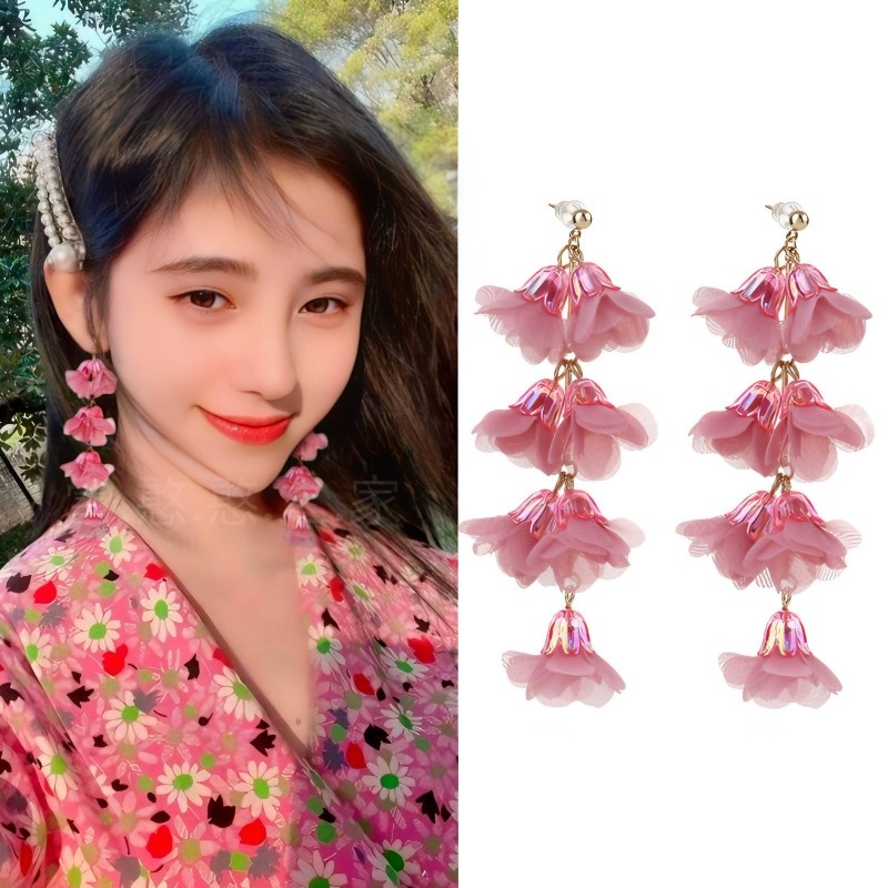 鞠婧祎同款耳环粉色耳饰耳钉耳坠耳夹旅游长款饰品2024春夏新款女