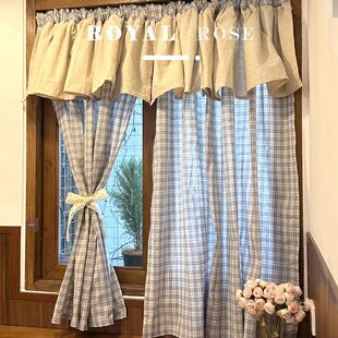 法式复古田园天蓝格子美式乡村棉麻帘头窗帘门帘定制帘免打孔穿杆