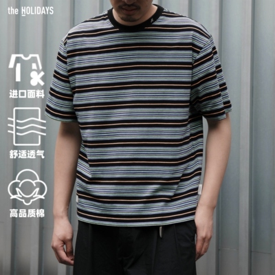 theholidays「高质感」日本进口条纹刺绣纯棉宽松复古短袖T恤