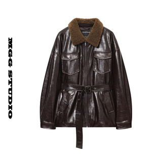 百搭外套棒球服 收腰带扣夹克时尚 欧美早春新款 复古毛领皮衣女短款