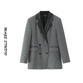 格纹拼皮西装 外套女2025新款 修身 法式 显瘦长袖 双排扣混纺宽松西服