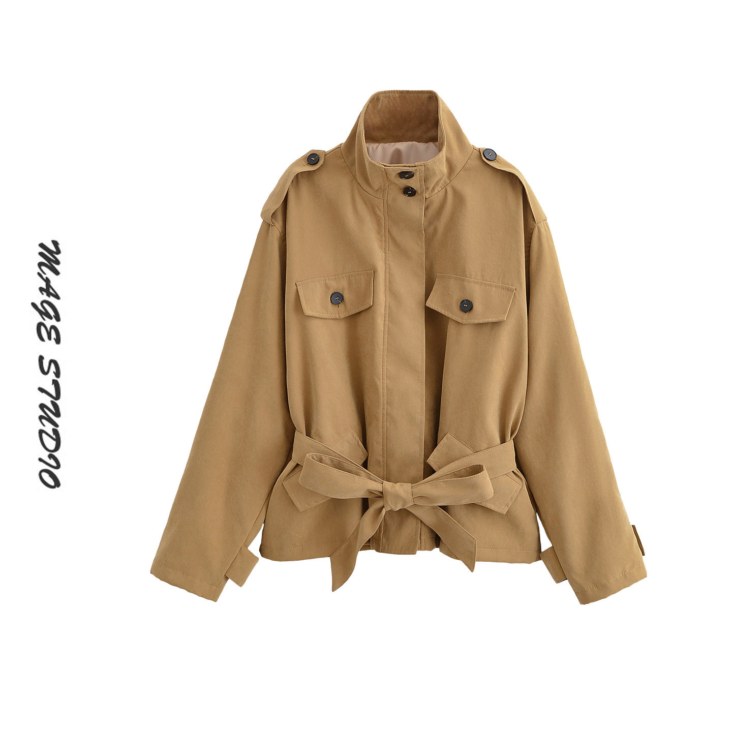 美式工装风大立领系带收腰风衣外套女短款百搭时尚个性夹克棒球服
