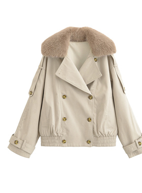 欧美风毛领双排扣短款外套棒球服女2026早春新款收腰弹性夹克上衣