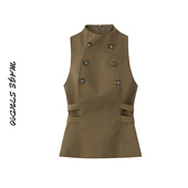 通勤风立领双排扣无袖 百搭上衣系带气质打底衫 马甲女修身 收腰时尚