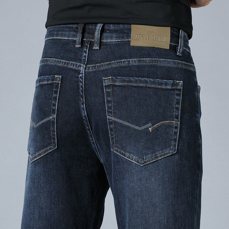 正品苹果弹力牛仔裤男春秋款直筒宽松高腰高端中年人大码休闲长裤