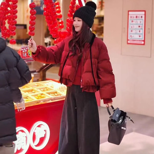 韩版木耳边拼接圣诞红羽绒服女短款冬2025新款加厚白鸭绒夹克外套