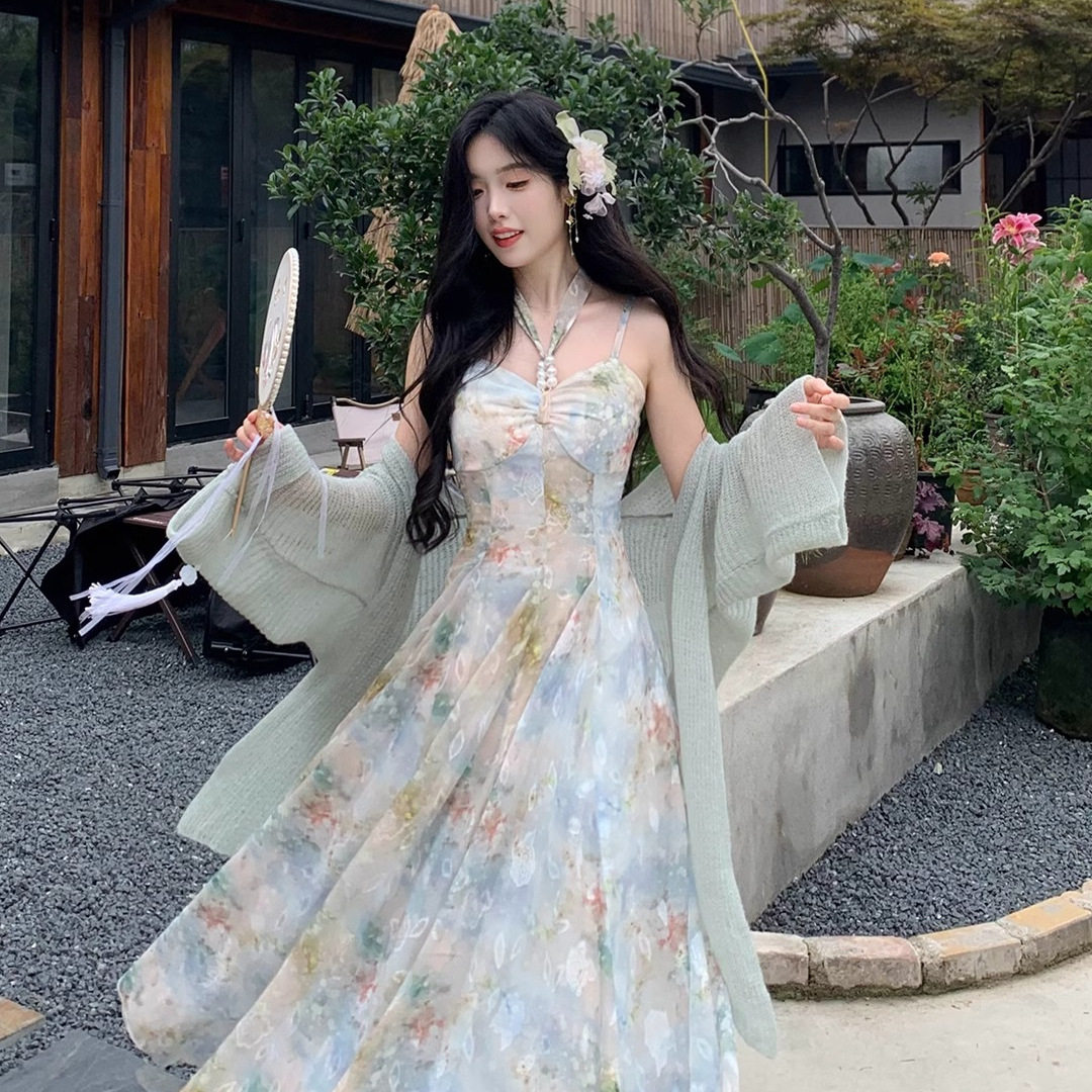 法式雪纺碎花吊带连衣裙仙女夏季连衣裙